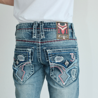 002 Quần Jeans Cricket Xanh Wash Sáng Thêu Túi Viền Xanh Đỏ