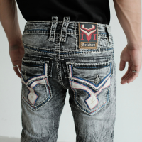 017-Quần jean xám Cricket phối da bò trắng chỉ đỏ trắng xanh