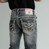 016-Quần jean xám Cricket họa tiết mặt nạ viền chỉ móc xích