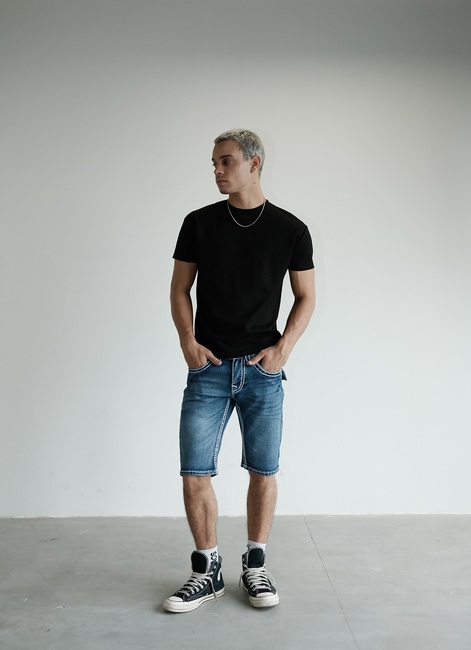 023-Quần jean short ngắn Cricket màu xanh chỉ mắt xích lớn phối da viền túi nắp