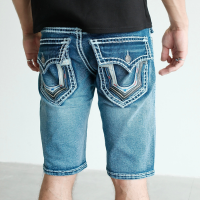 023-Quần jean short ngắn Cricket màu xanh chỉ mắt xích lớn phối da viền túi nắp