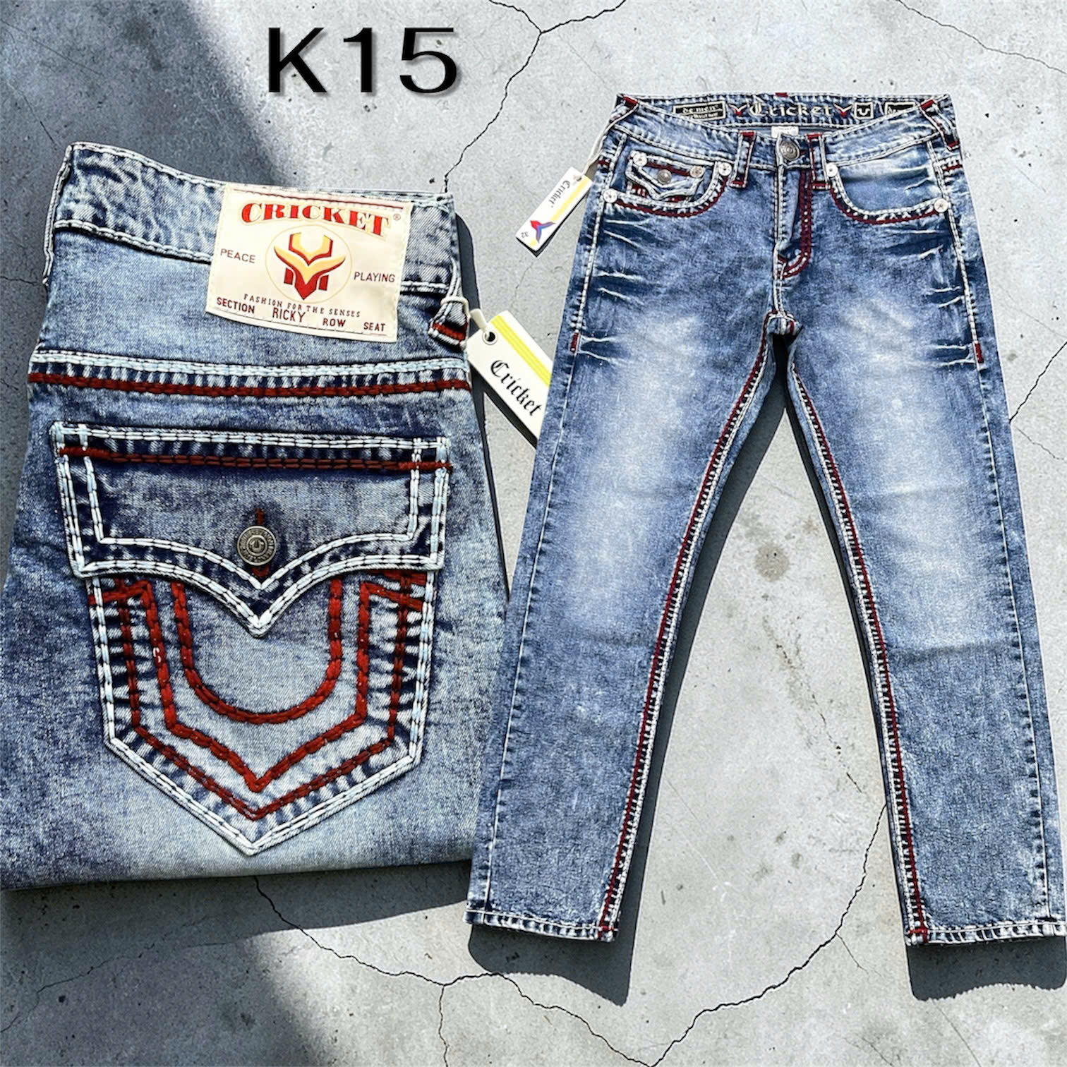 K15 - Quần Jeans CRICKET U Xanh Loan Nhạt Chỉ Đỏ Nổi