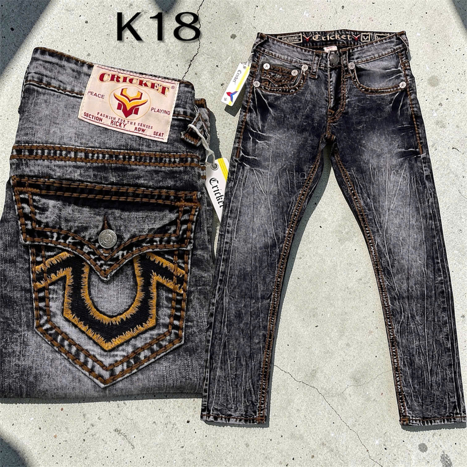 K18 - Quần Jeans CRICKET U Xám Wax Gân Chỉ Vàng Nổi