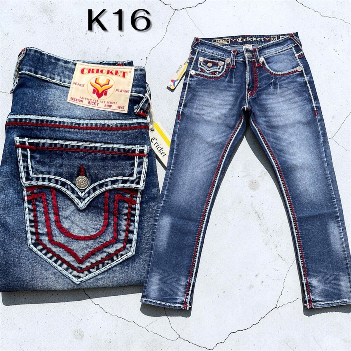 K16 - Quần Jeans CRICKET U Xanh Wax Chỉ Đỏ Nổi