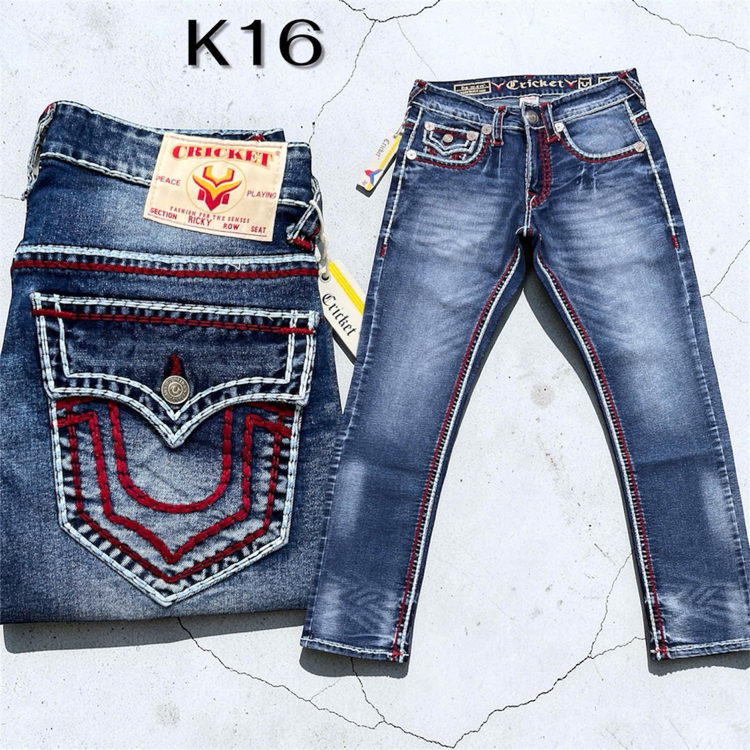 K16 - Quần Jeans CRICKET U Xanh Wax Chỉ Đỏ Nổi