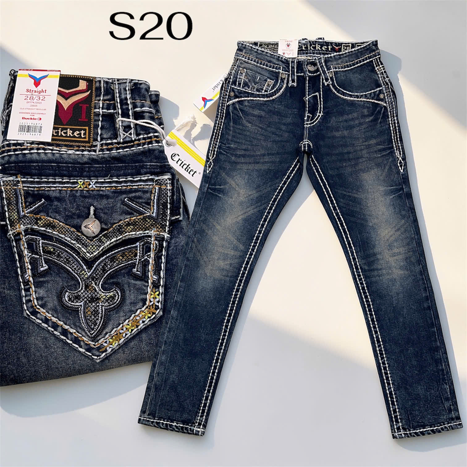 S20 - Quần Jeans Nam CRICKET Xanh Đậm Chỉ Nổi