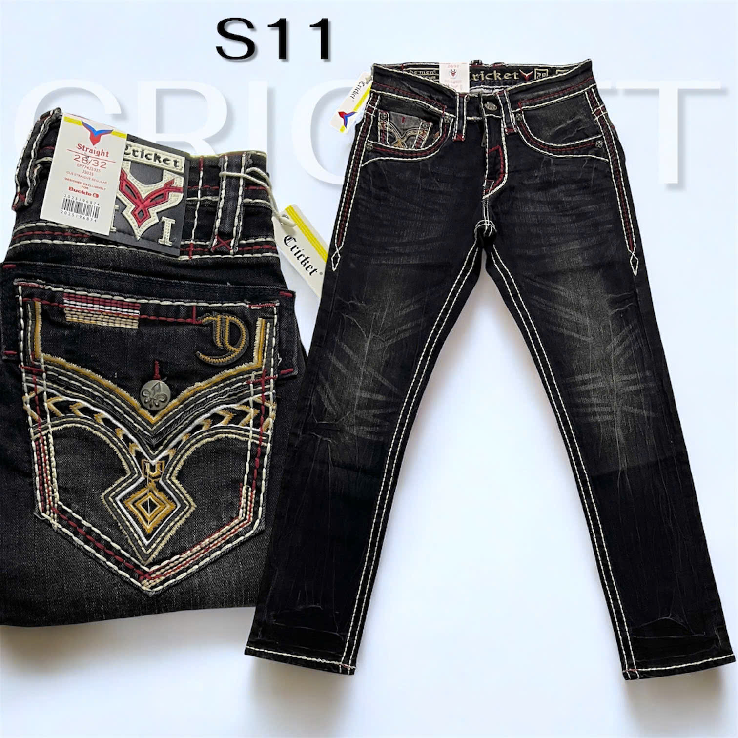 S11- Quần Jeans Nam RD CRICKET đen chỉ nổi