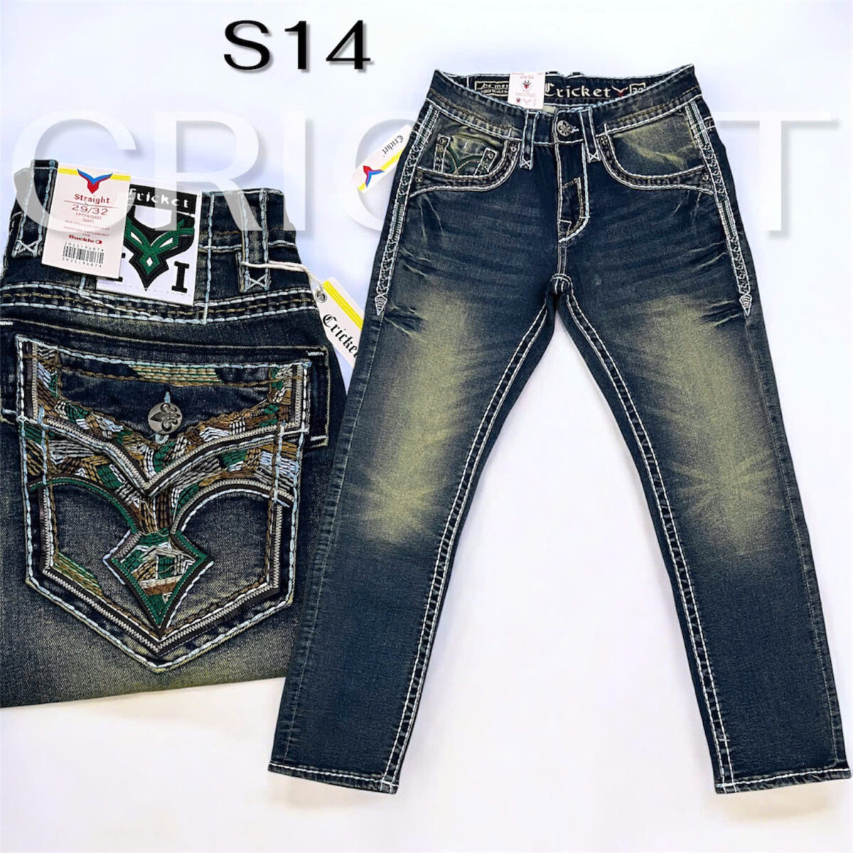 S14 - Quần Jeans Nam CRICKET Xanh Rêu Chỉ Nổi