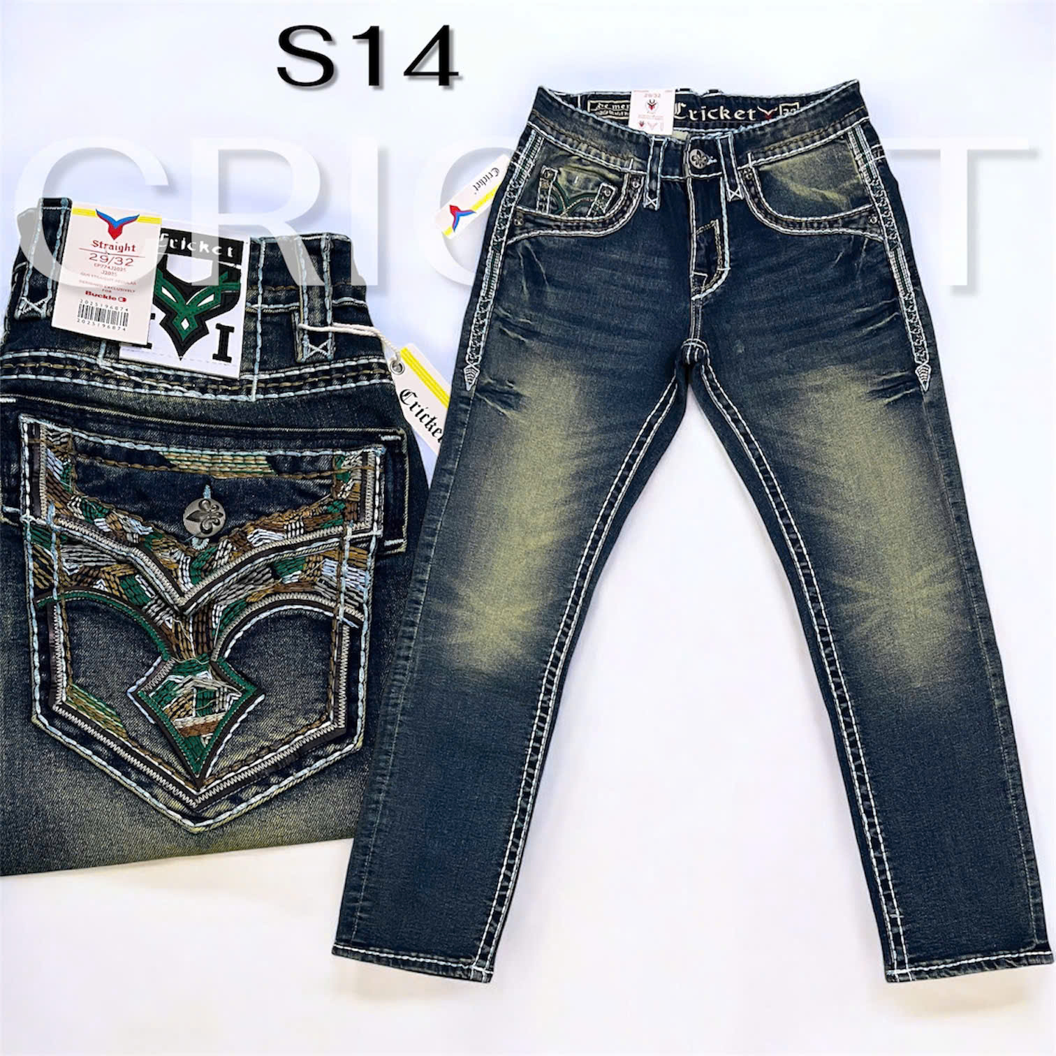 S14 - Quần Jeans Nam CRICKET Xanh Rêu Chỉ Nổi