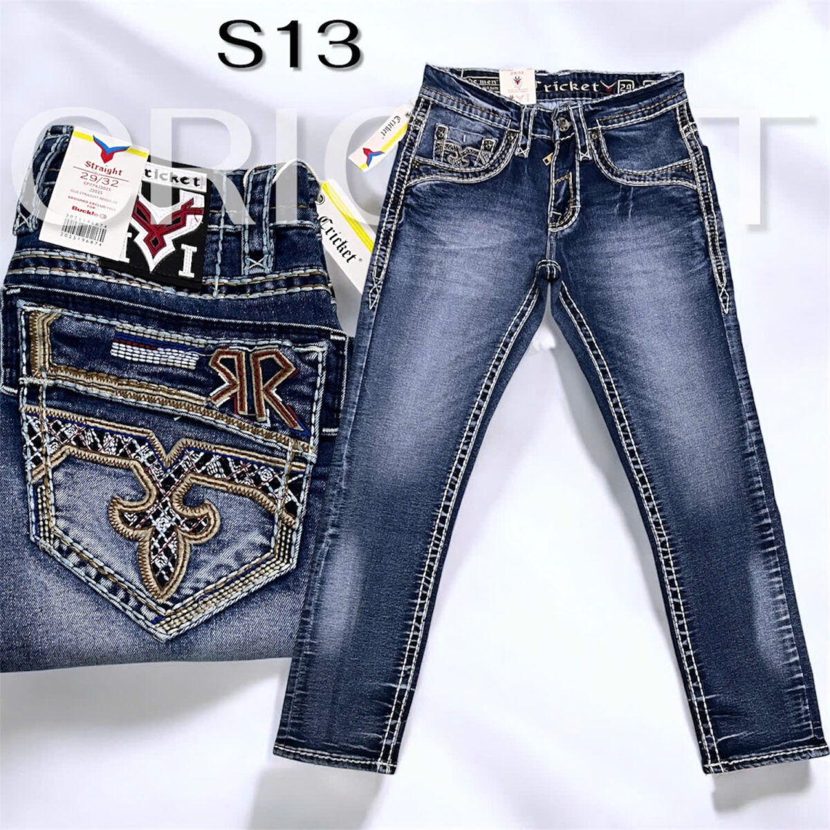 S13 - Quần Jeans Nam CRICKET xanh wax đùi chỉ nổi