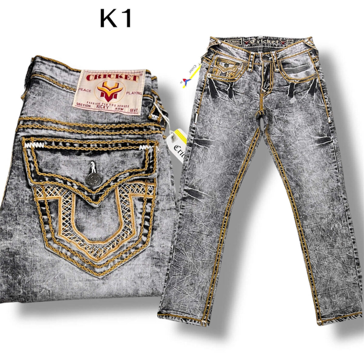 K1 - Quần Jeans Nam CRICKET U Xám Khói Wax Gân Chỉ Nổi