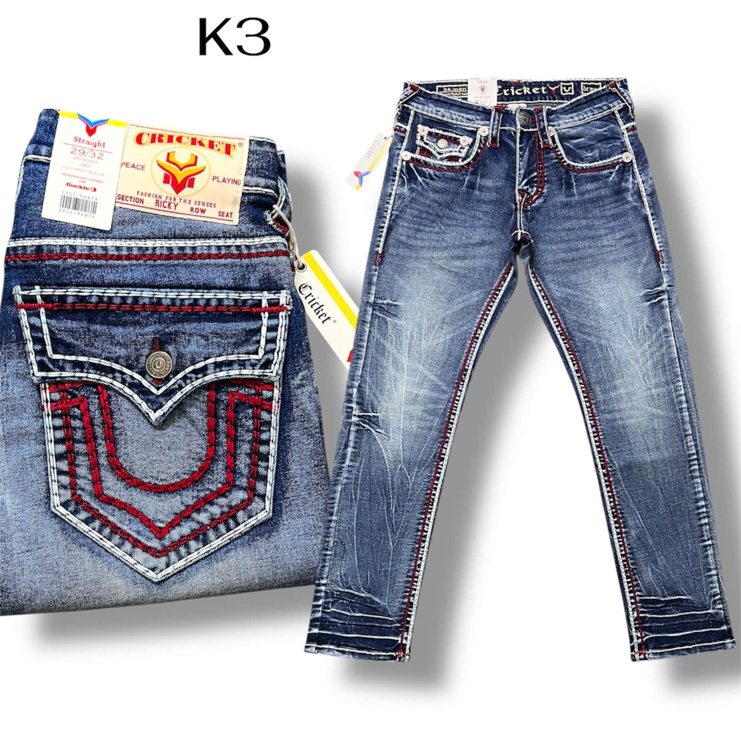 K3 - Quần Jeans Nam CRICKET U Xanh Nhạt Wax Ống Chỉ Nổi