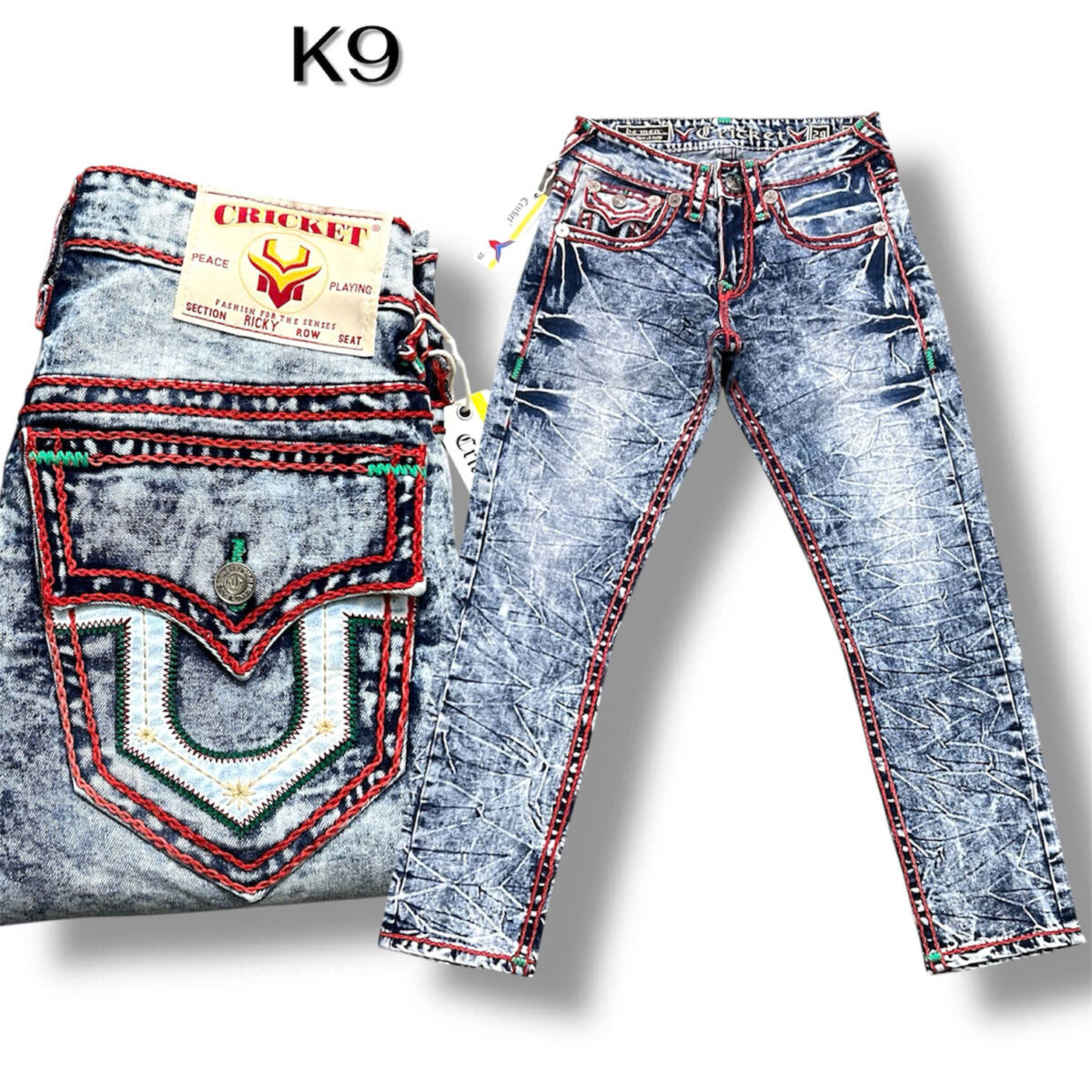 K9 - Quần Jeans Nam CRICKET U Xanh Loan Nhạt Chỉ Đỏ Nổi
