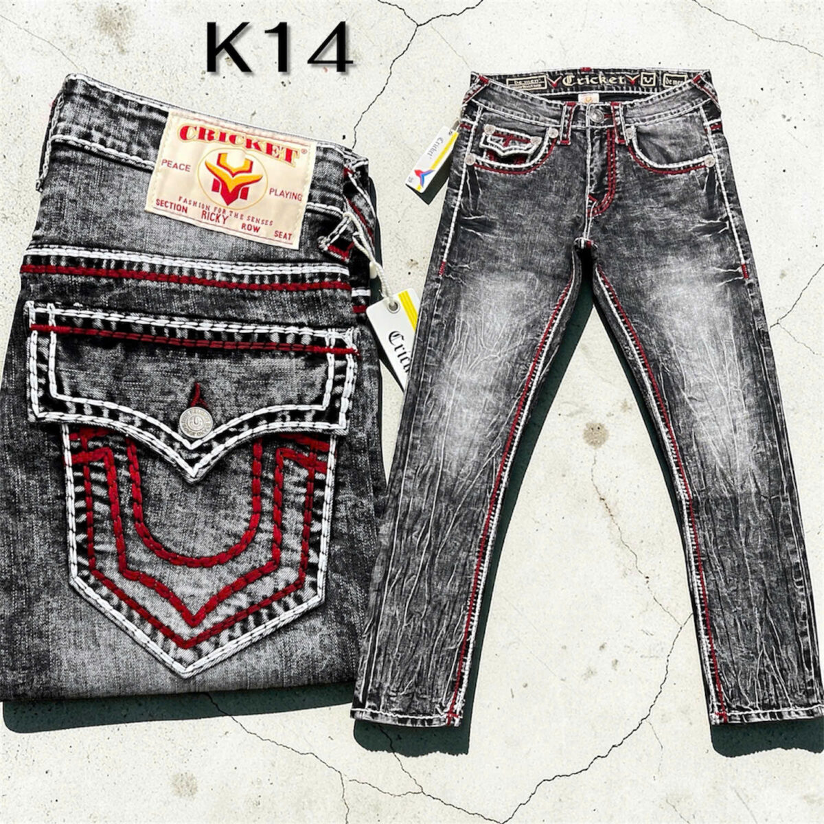 K14 - Quần Jeans CRICKET U Xám Wax Gân Chỉ Đỏ Nổi