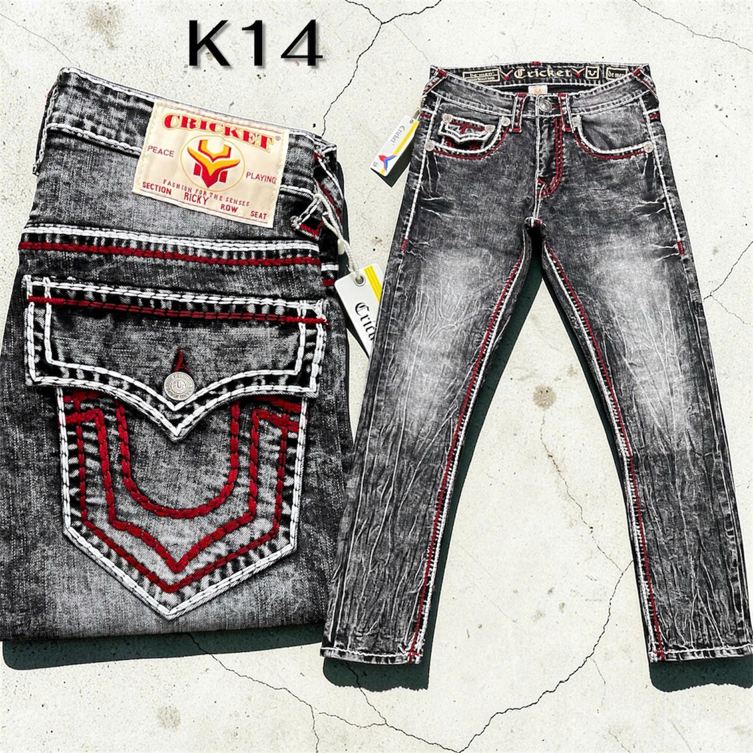 K14 - Quần Jeans CRICKET U Xám Wax Gân Chỉ Đỏ Nổi