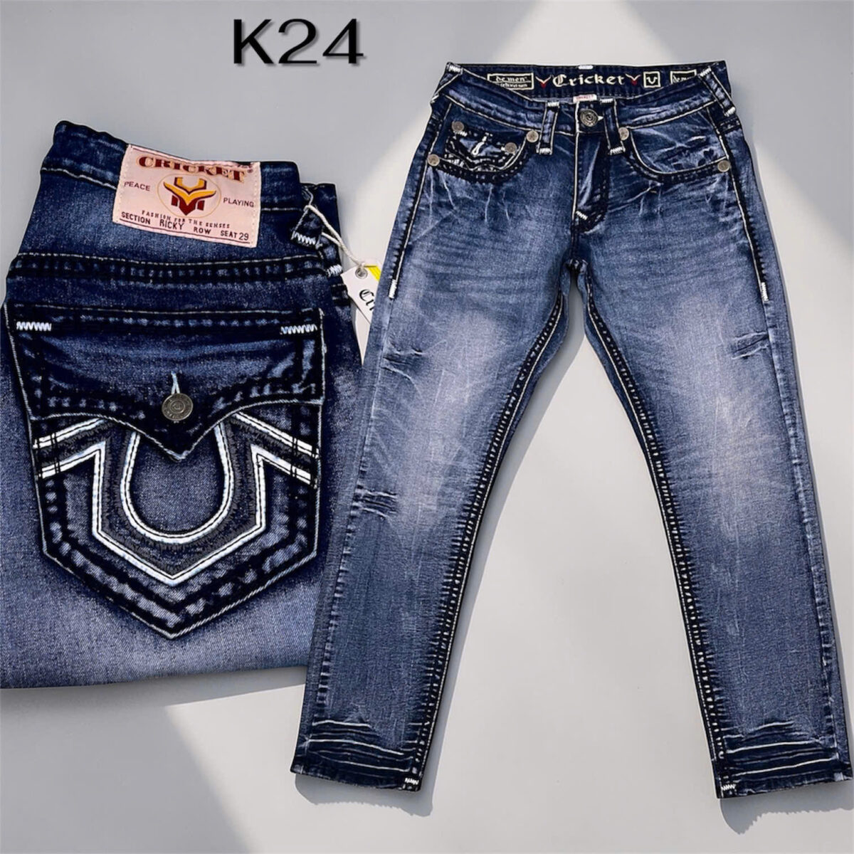 K24 - Quần Jeans CRICKET U Xanh Wax Ống Chỉ Nổi