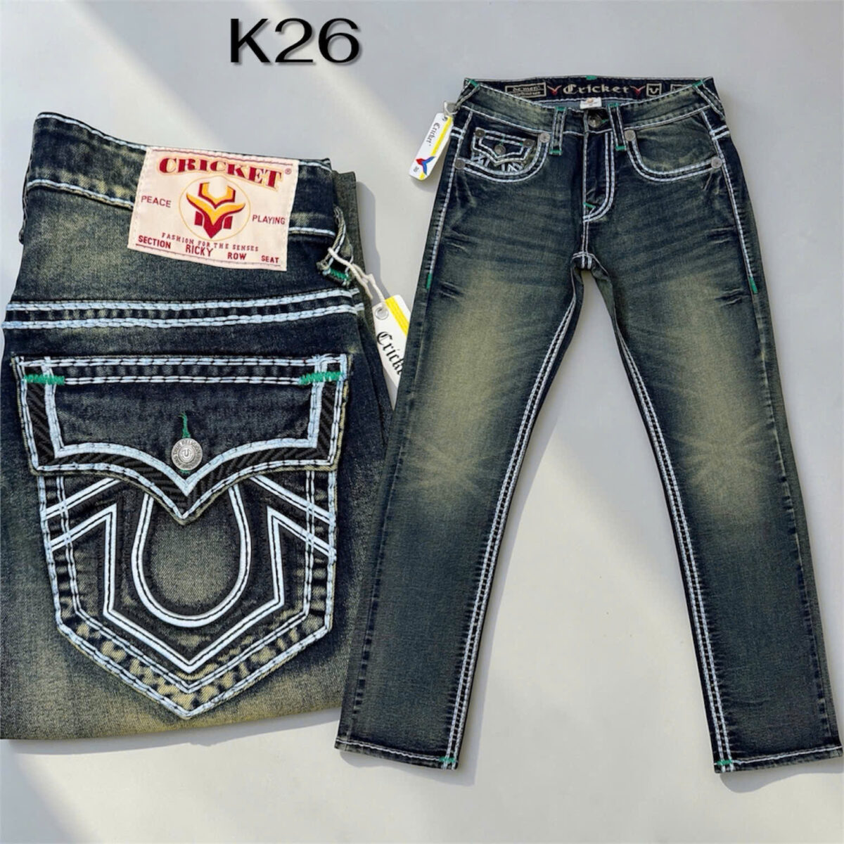 K26 - Quần Jeans CRICKET U Xanh Rêu Chỉ Nổi