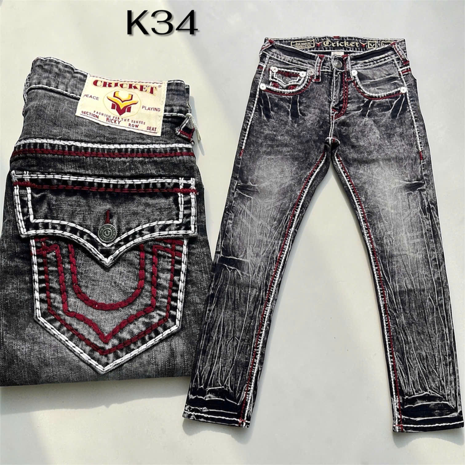 K34 - Quần Jeans Nam CRICKET U Xám Khói Wax Ống Chỉ Nổi