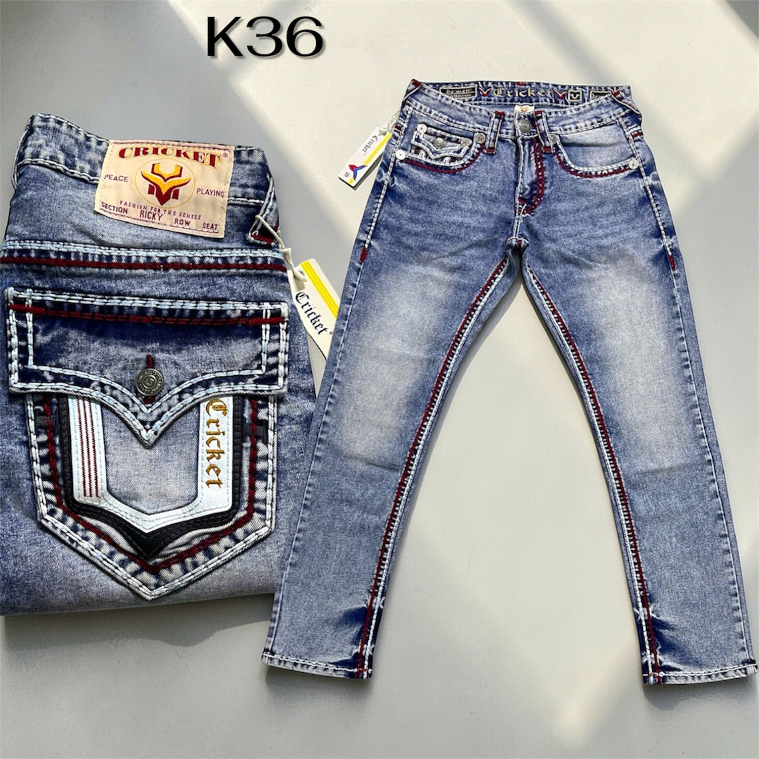 K36 - Quần Jeans Nam CRICKET U Xanh Nhạt Chỉ Nổi